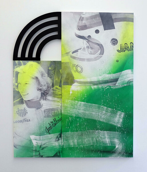Janet Guthrie, 2017, acrylic and inkjet on canvas, dibond, 72 x 60 inches