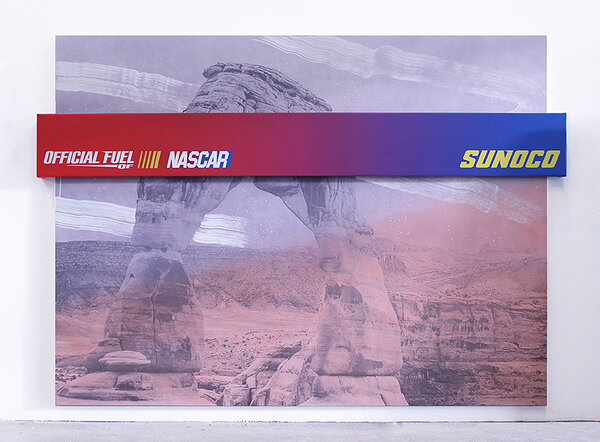 Nascar (Arches), 2017, acrylic and inkjet on canvas, inkjet on UV vinyl, 72 x 102 x 3 1/2 inches