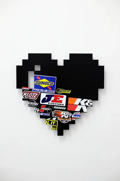 Racing Heart (K&N), 2017, vintage decals on dibond, 24 x 26 inches