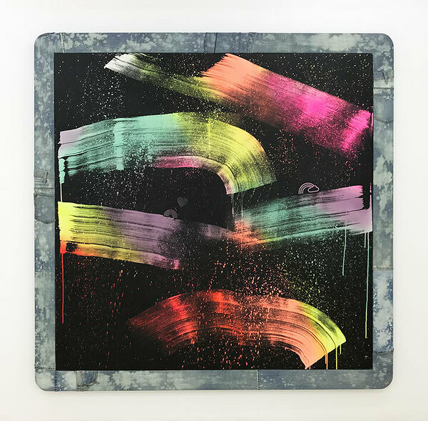 American Bleach Effect (Oil Slick 11/Rainbows), 2018, acrylic on canvas, upcycled denim and wood artist&#x27;s frame, 81 1/2 x 81 1/2 inches