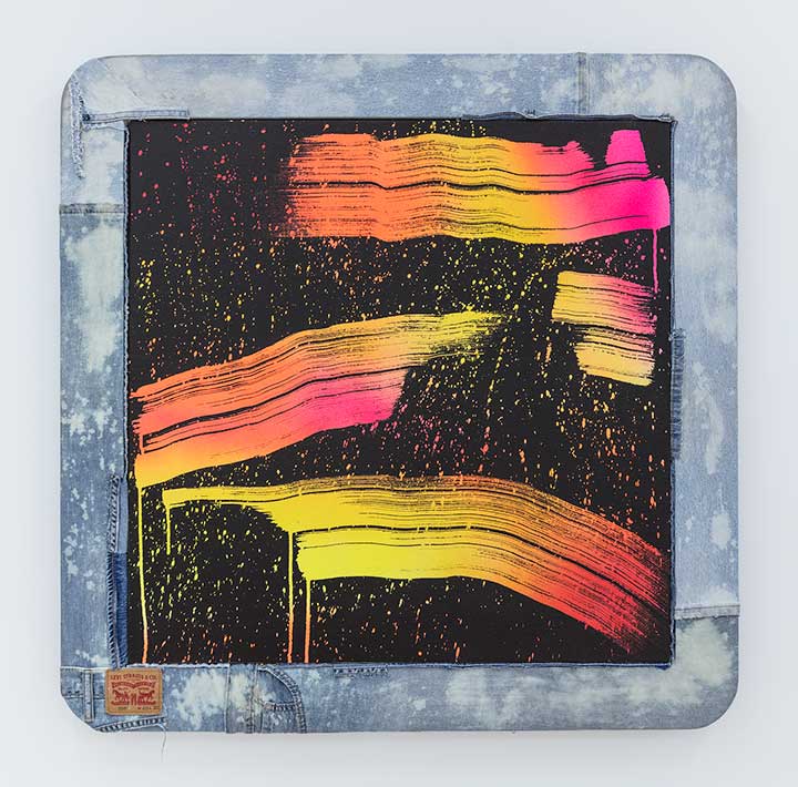 American Bleach Effect (Oil Slick 12), 2018, acrylic on canvas, upcycled denim and wood artist&#x27;s frame, 37 1/2 x 37 1/2 inches
