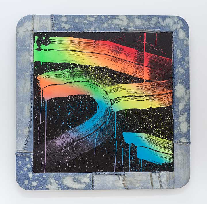 American Bleach Effect (Oil Slick 14), 2018, acrylic on canvas, upcycled denim and wood artist&#x27;s frame, 37 1/2 x 37 1/2 inches
