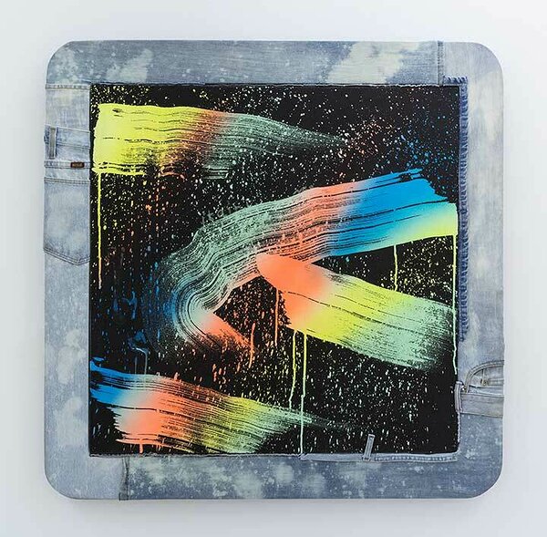 American Bleach Effect (Oil Slick 15), 2018, acrylic on canvas, upcycled denim and wood artist&#x27;s frame, 37 1/2 x 37 1/2 inches