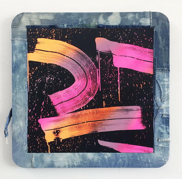 American Bleach Effect (Oil Slick 17), 2018, acrylic on canvas, upcycled denim and wood artist&#x27;s frame, 37 1/2 x 37 1/2 inches