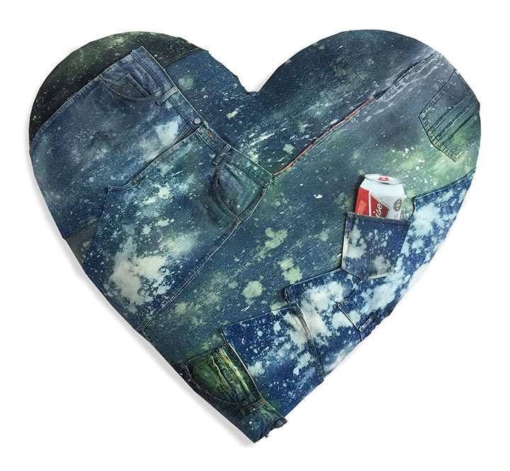 Jeart (Budweiser), 2018, upcycled denim, wood, polyfill, UV print on plexiglas, 48 x 48 x 5 inches