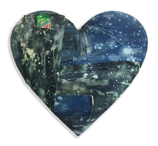 Heart (Mountain Dew), 2018, upcycled denim, wood, polyfill, UV print on plexiglas, 48 x 48 x 5 inches