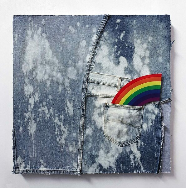 American Bleach Effect (Corner Rainbow), 2019, upcycled denim on canvas, UV print on plexiglas, 24 x 24 inches