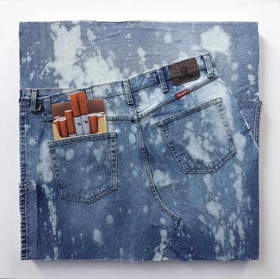 American Bleach Effect (Camel), 2018, upcycled denim on canvas, UV print on plexiglas, 24 x 24 inches