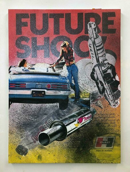Future Shock, 2019, inkjet and acrylic on canvas, men&#x27;s fingerprints, paper cigarette, 55 x 40 inches