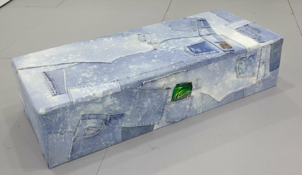 Jench, 2019, upcycled denim, wood, upholstery foam, 14 x 60 x 24 inches