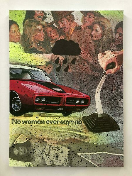 No Woman Ever Says No, 2019, inkjet and acrylic on canvas, men&#x27;s fingerprints, 55 x 40 inches