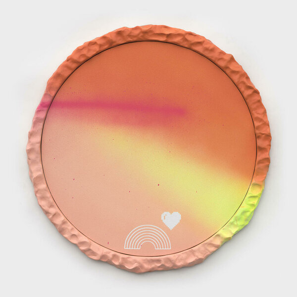 Lens Flare (Pixel Heart/Rainbow), 2021, acrylic on canvas, wood, epoxy resin, 23 inches dia