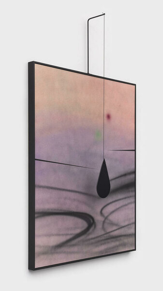 Drop III (After Calder), 2022, acrylic on canvas, painted wood frame, steel, nylon rope, dibond, 79 3/4 x 61 1/4 x 8 1/4 inches 