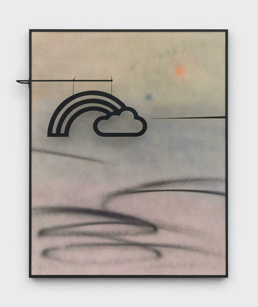 Fading Cloud and Rainbow (After Calder), 2022, acrylic on canvas, painted wood frame, steel, nylon rope, dibond, 67 3/4 x 49 x 7 inches 