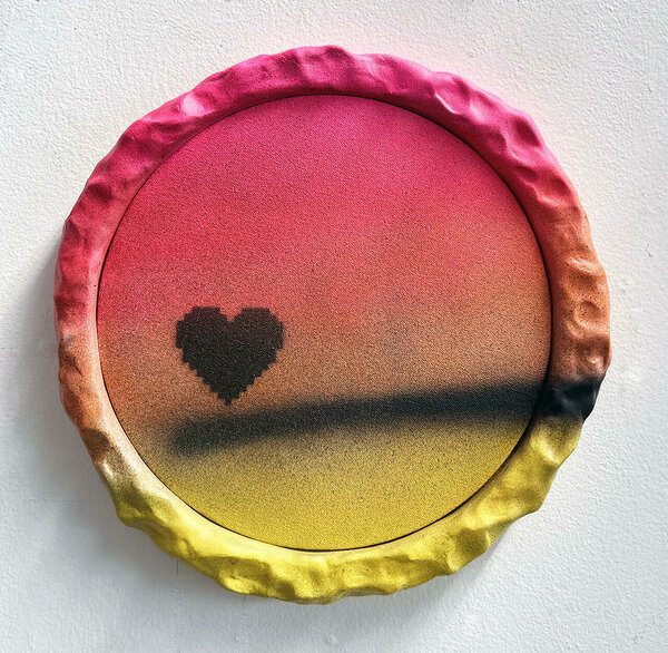 Lens Flare (Pixel Heart II), 2022, acrylic on canvas, wood, epoxy resin, 12 1/2 inches dia