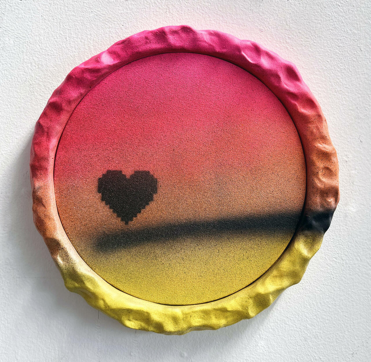 Lens Flare (Pixel Heart II), 2022, acrylic on canvas, wood, epoxy resin, 12 1/2 inches dia