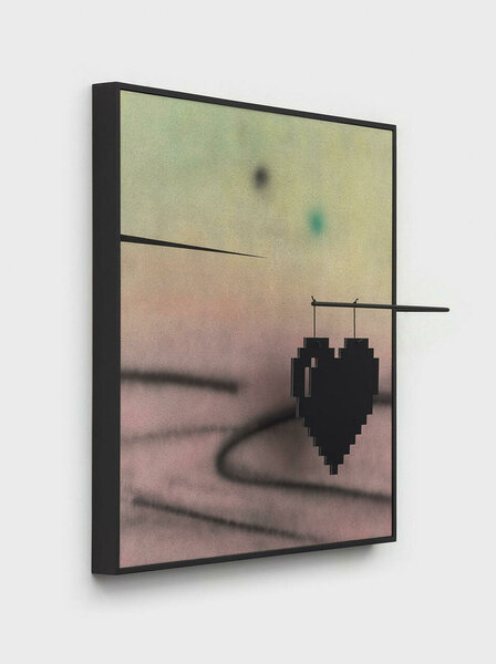 Pixel Heart with Green Lens Flare (After Calder), 2022, acrylic on canvas, painted wood frame, steel, nylon rope, dibond, 37 x 39 3/4 x 6 3/4 inches 
