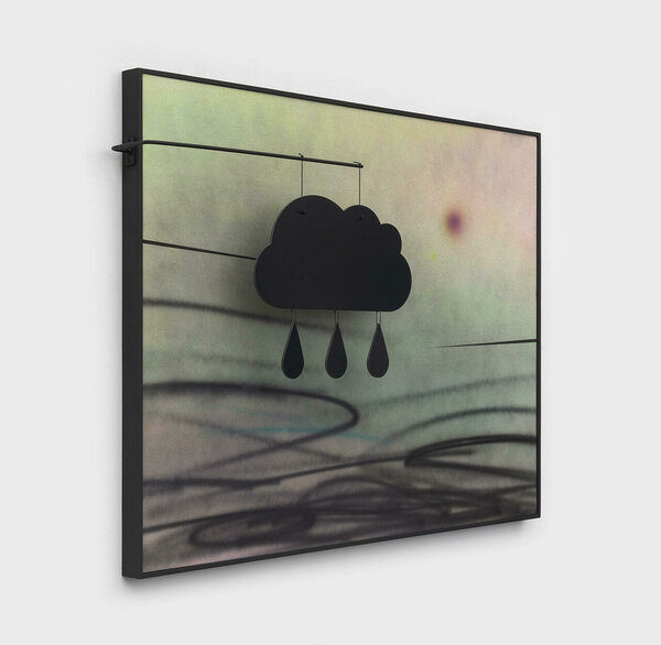 Raincloud (After Calder), 2022, acrylic on canvas, painted wood frame, steel, nylon rope, dibond, 49 x 63 3/4 x 7 inches 