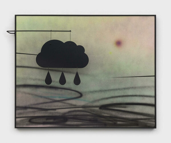 Raincloud (After Calder), 2022, acrylic on canvas, painted wood frame, steel, nylon rope, dibond, 49 x 63 3/4 x 7 inches 