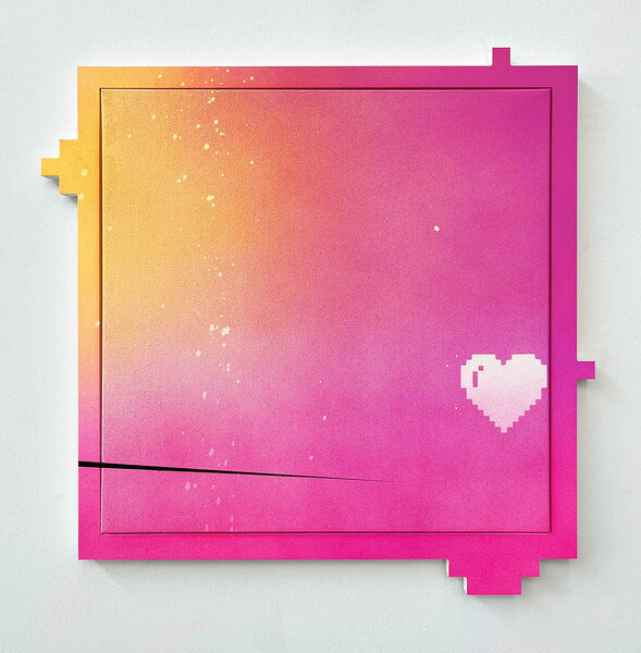 Bildpunkt (Pink Pixel Heart), 2023, acrylic on canvas, PVC, 22 1/2 x 22 1/2 inches