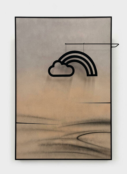 Sunrise Moment (After Calder), 2023, acrylic on canvas, wood frame, steel, nylon rope, dibond, 73 1/4 x 52 1/4 
