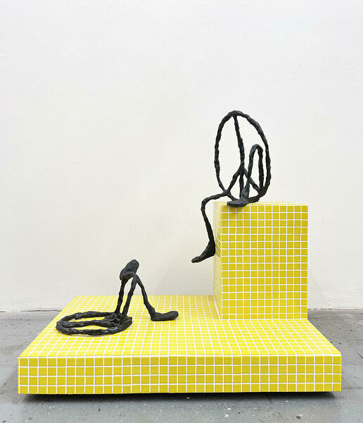 Alone in Public (Yellow Situation), 2023, wood, recycled glass tile, aluminum, epoxy resin, 36 x 36 1/4 x 23 1/2 inches