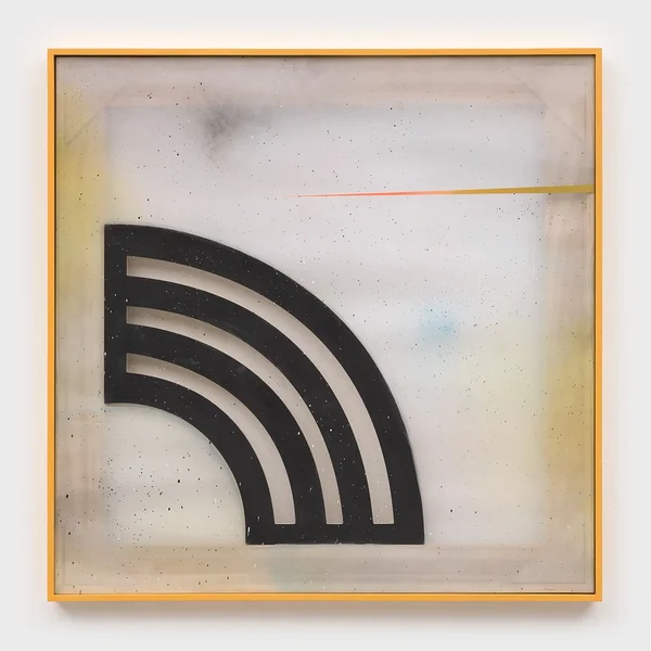Overcast (Orange with Rainbow), 2024, alkyd on vinyl, wood, enamel, 41 x 41 inches