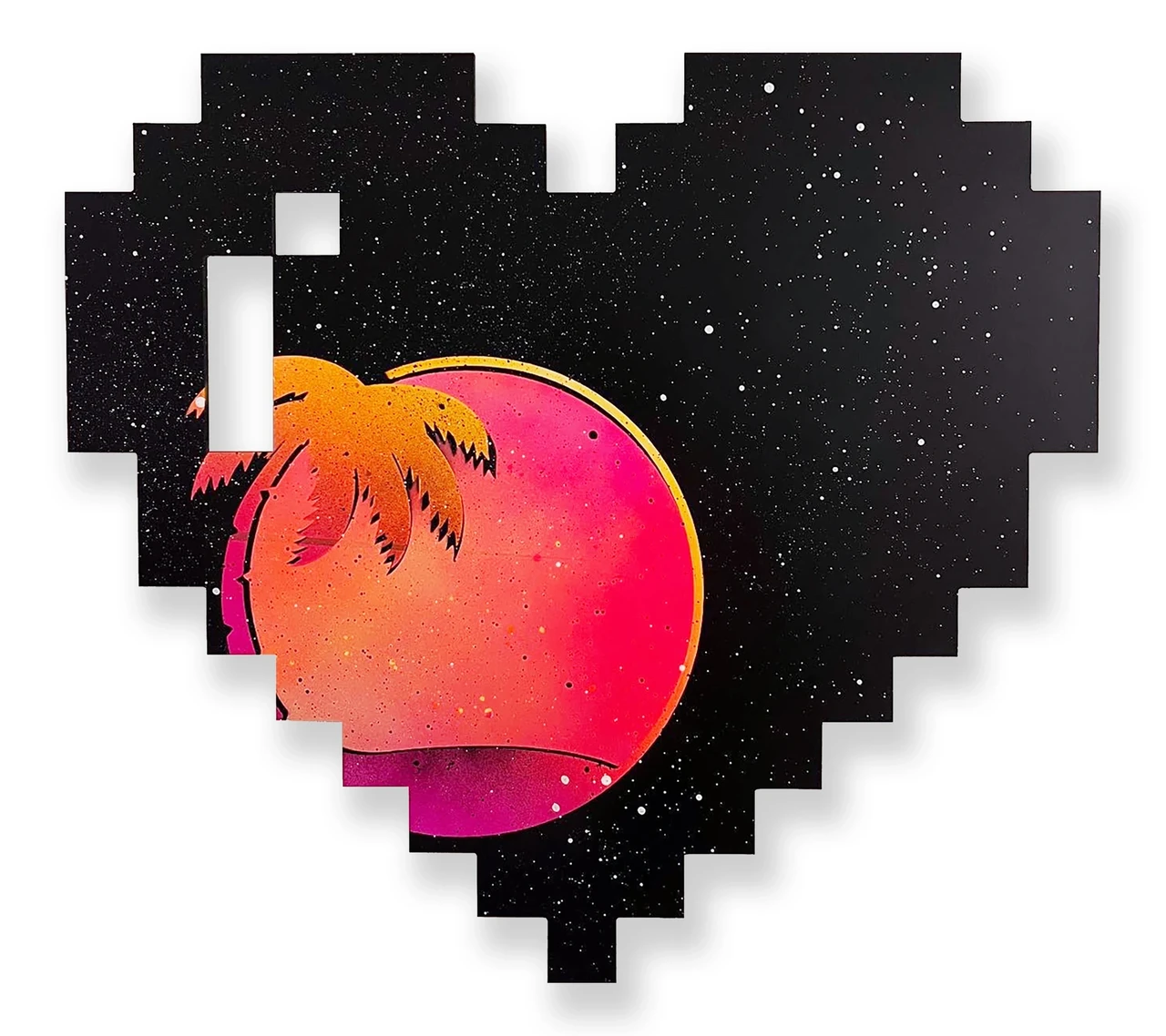 Pixel Heart (Electric Sunset), 2025, alkyd on dibond, 19 x 20 x 1.25 inches