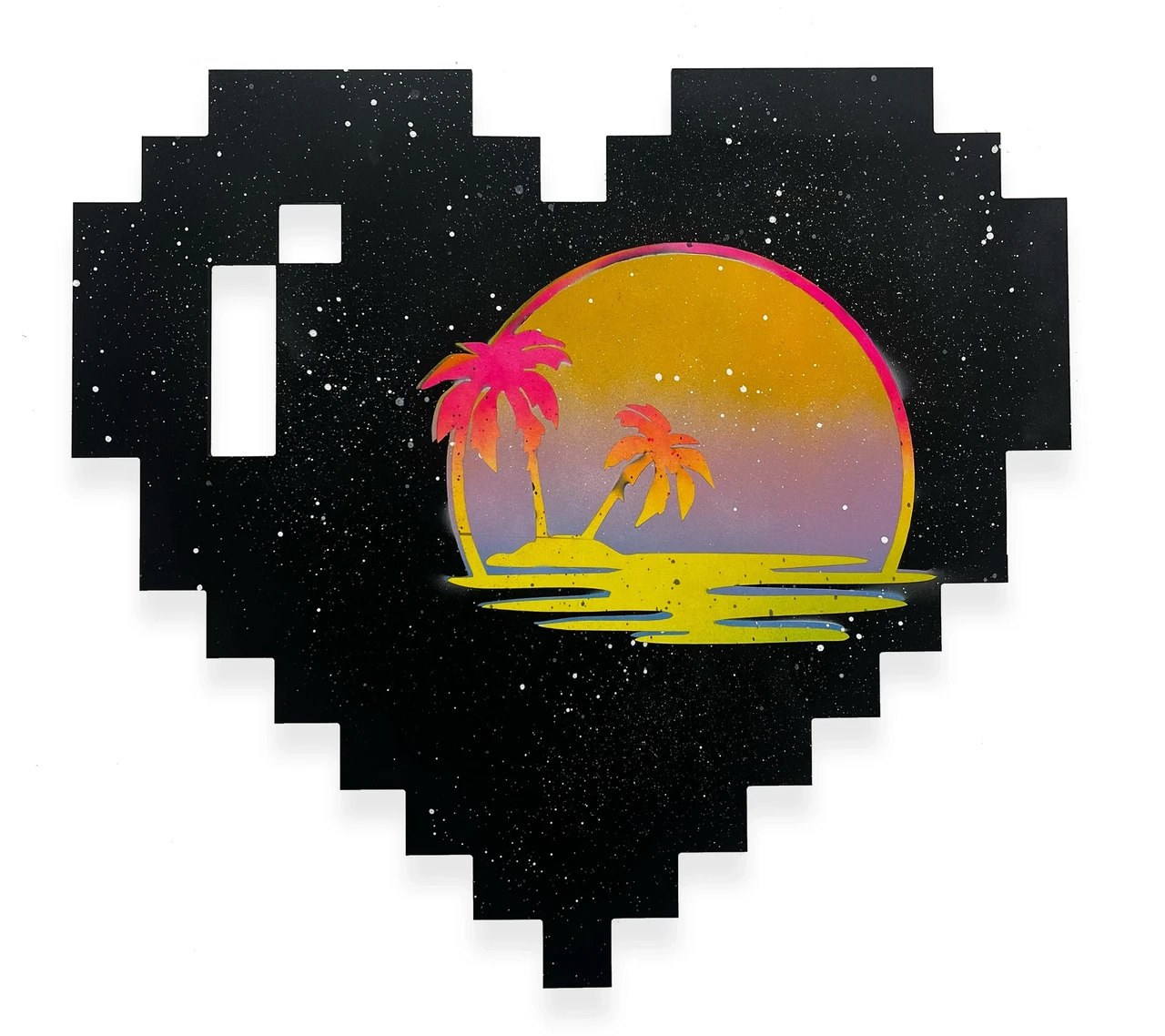 Pixel Heart (Sunset Drift), 2025, alkyd on dibond, 19 x 20 x 1.25 inches