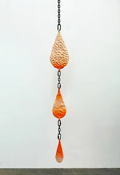 Drops (the dream), 2026, dibond, epoxy, alkyd, powder coated steel chain, hardware, 62 x 9 1/2 x 2 inches 