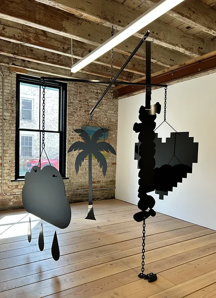 Installation view, Gaa, Catskill: Mobile (Pleasure!), 2026, steel, dibond, powder coated steel chain, ball chain, cotton rope, hardware, 96 x 96 x variable inches