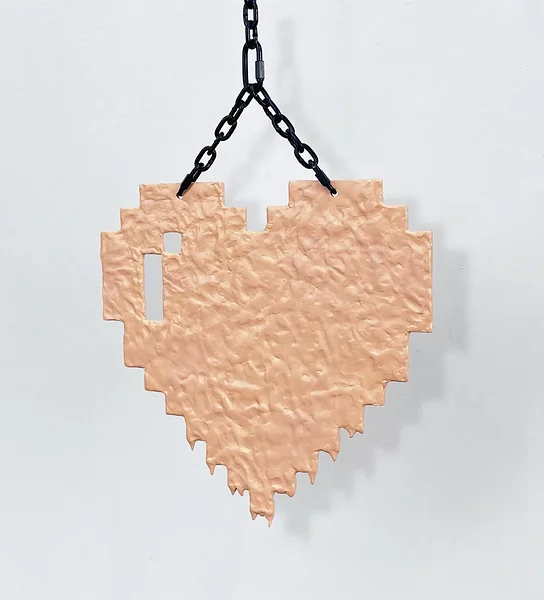 Pixel Heart (melting salmon), 2026, dibond, epoxy, alkyd, powder coated steel chain, hardware, 23 1/2 x 24 x 3/4 inches 