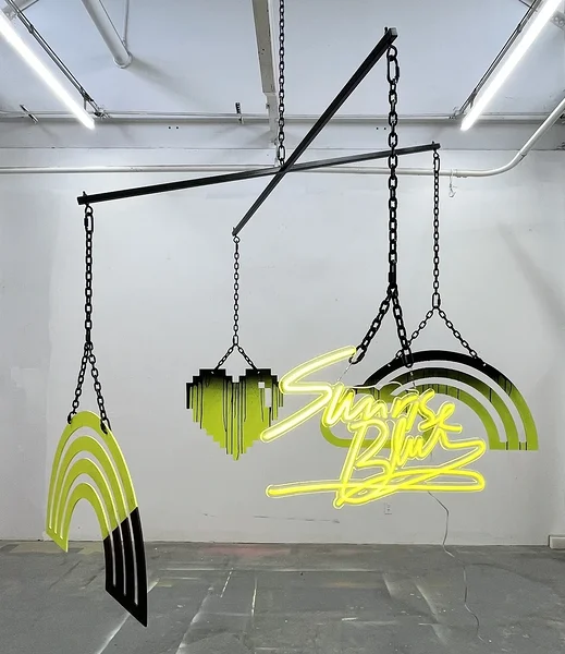 Sunrise Blur (Altered States), 2026, steel, aluminum, alkyd, acrylic, powder coated steel chain, LED, hardware, 96 x 96 x 84 inches