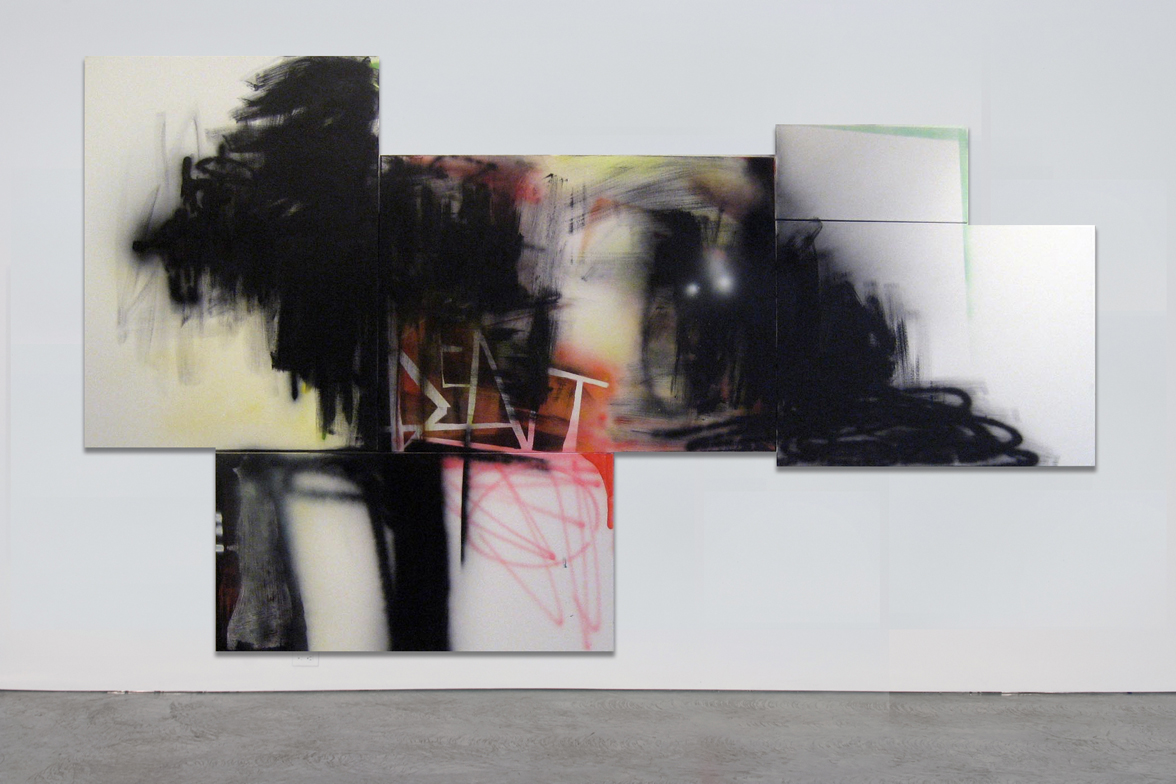 Bent, 2008, acrylic and spray paint on four canvases, 72 x 124 inches