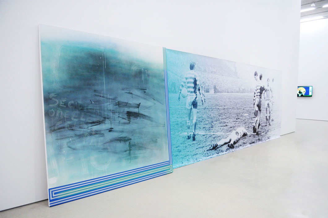 Green Brigade, 2013, acrylic on canvas, wood and enamel artist’s frame, inkjet print on vinyl, 75 x 256 inches