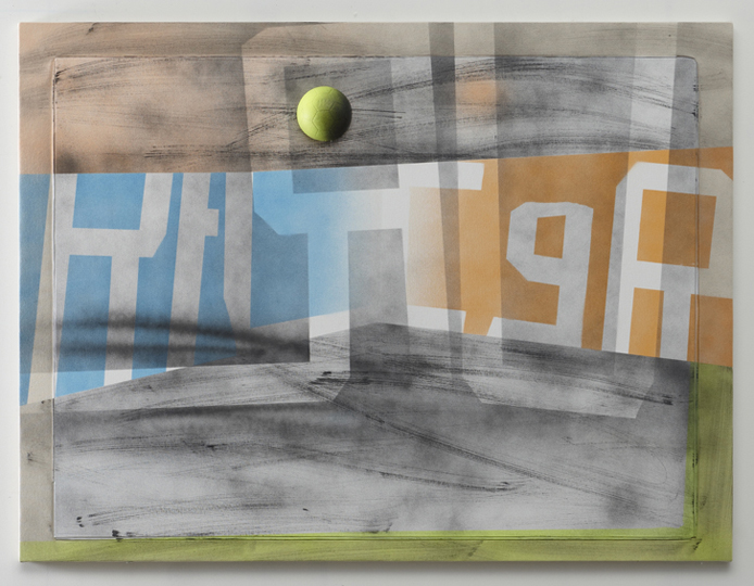 U.R., 2010, acrylic on canvas, acrylic on canvas over wood artist&#x27;s frame, foam ball, 40 x 53 x 3 inches