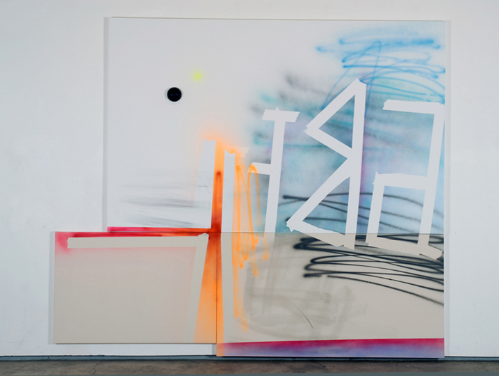 Abet, 2009, acrylic on three canvases, foam ball, 95 x 109 3/4 inches