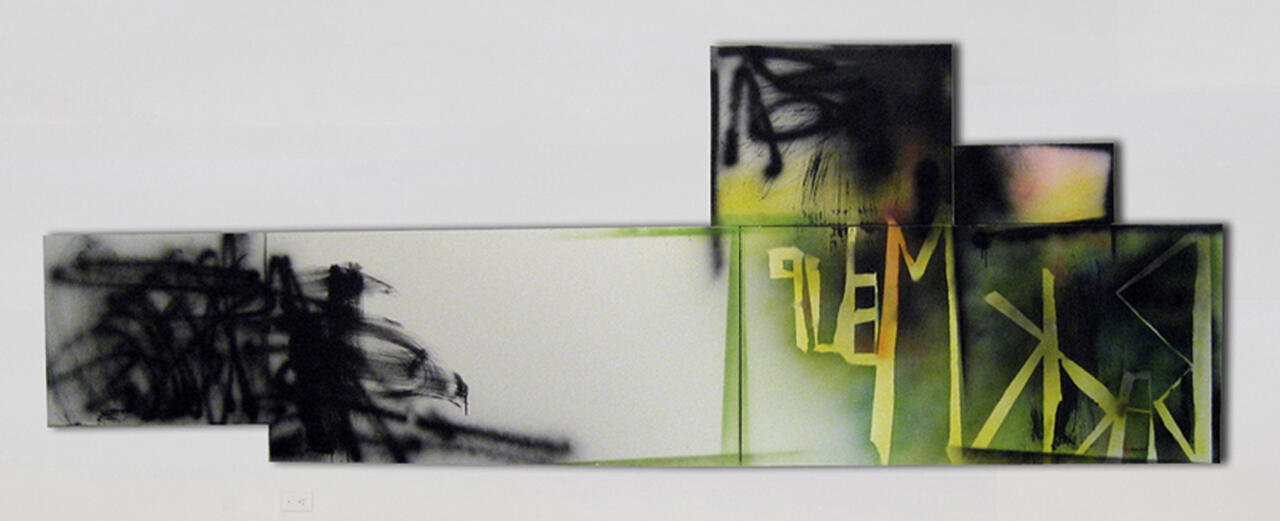 Korner, 2009, acrylic and spray paint on five canvases, 42 x 120 inches