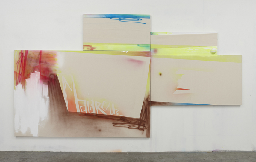 Zombie Bank, 2009, acrylic on four canvases, foam ball, 84 x 168 inches