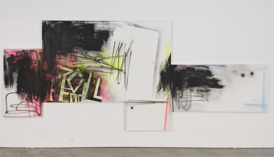 Pile Driver, 2008, acrylic and spray paint on four canvases, 81 1/4 x 196 inches