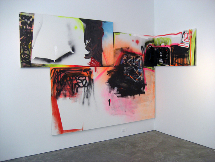 Back to Scrape, 2007, acrylic and spray paint on three canvases, 82 1/2 x 115 x 44