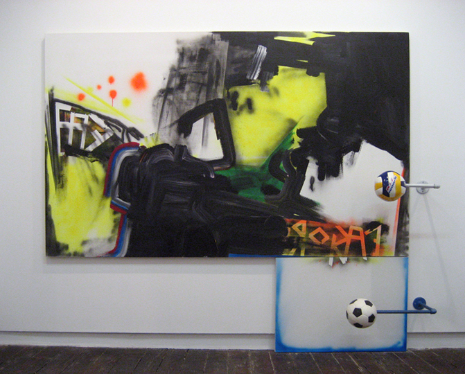 nevercracked/roomy, 2007, acrylic and spray paint on two canvases, steel, soccer balls, 86 x 96 x 16 inches