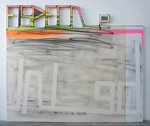 Fond de Raquette, 2010, acrylic on two canvases, acrylic on canvas over wood, 84 x 97 inches