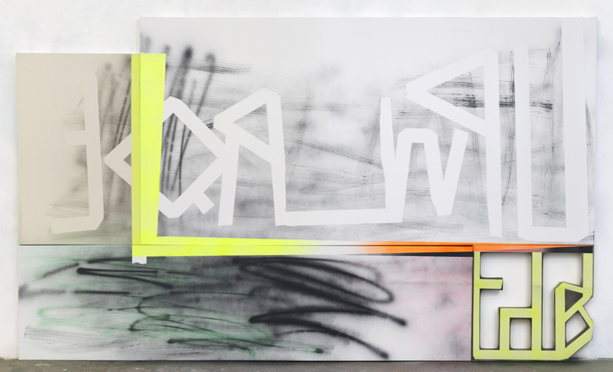 Up w/Briquette, 2010, acrylic on three canvases, acrylic on canvas over wood, 72 x 121 1/2 inches