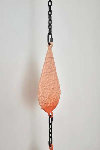 Drops (the dream), 2026, dibond, epoxy, alkyd, powder coated steel chain, hardware, 62 x 9 1/2 x 2 inches 