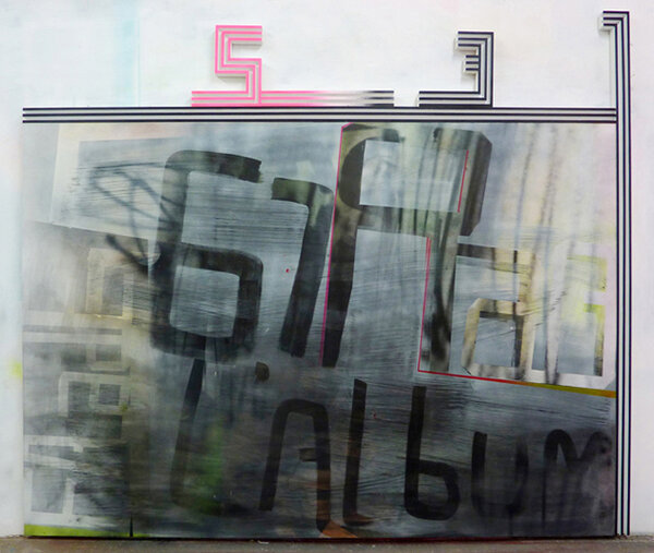 L.E.S., 2010, acrylic on canvas, wood and enamel artist&#x27;s frame, 84 1/4 x 97 3/4 inches