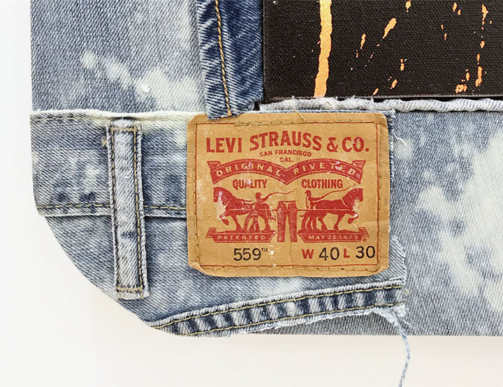 (detail) American Bleach Effect (RV), 2018, acrylic on canvas, upcycled denim and wood artist&#x27;s frame, 37 1/2 x 37 1/2 inches