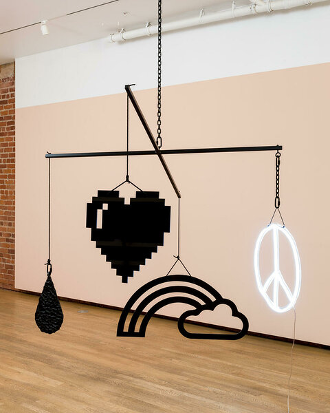 Mobile (Peace), 2021, dibond, aluminum, epoxy resin, powder coated steel chain, nylon rope, ball chain, hardware, LED, 96 x 96 x variable height