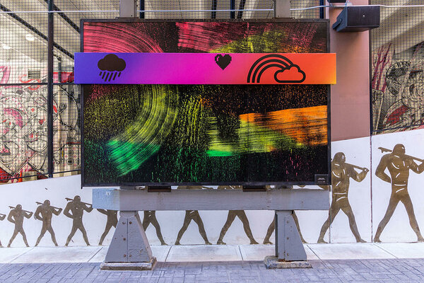 Rainbow Bridge (Deja Vu), 2018, acrylic on wood, inkjet on UV vinyl over wood, one-year outdoor artwork commission, 96 x 144 inches, The Belt, Detroit, MI