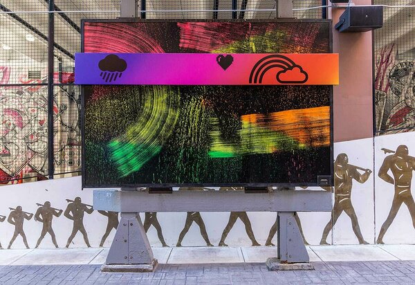 Rainbow Bridge (Déjà Vu), 2018, spray paint on panel, UV print on vinyl, 96 x 144 inches
